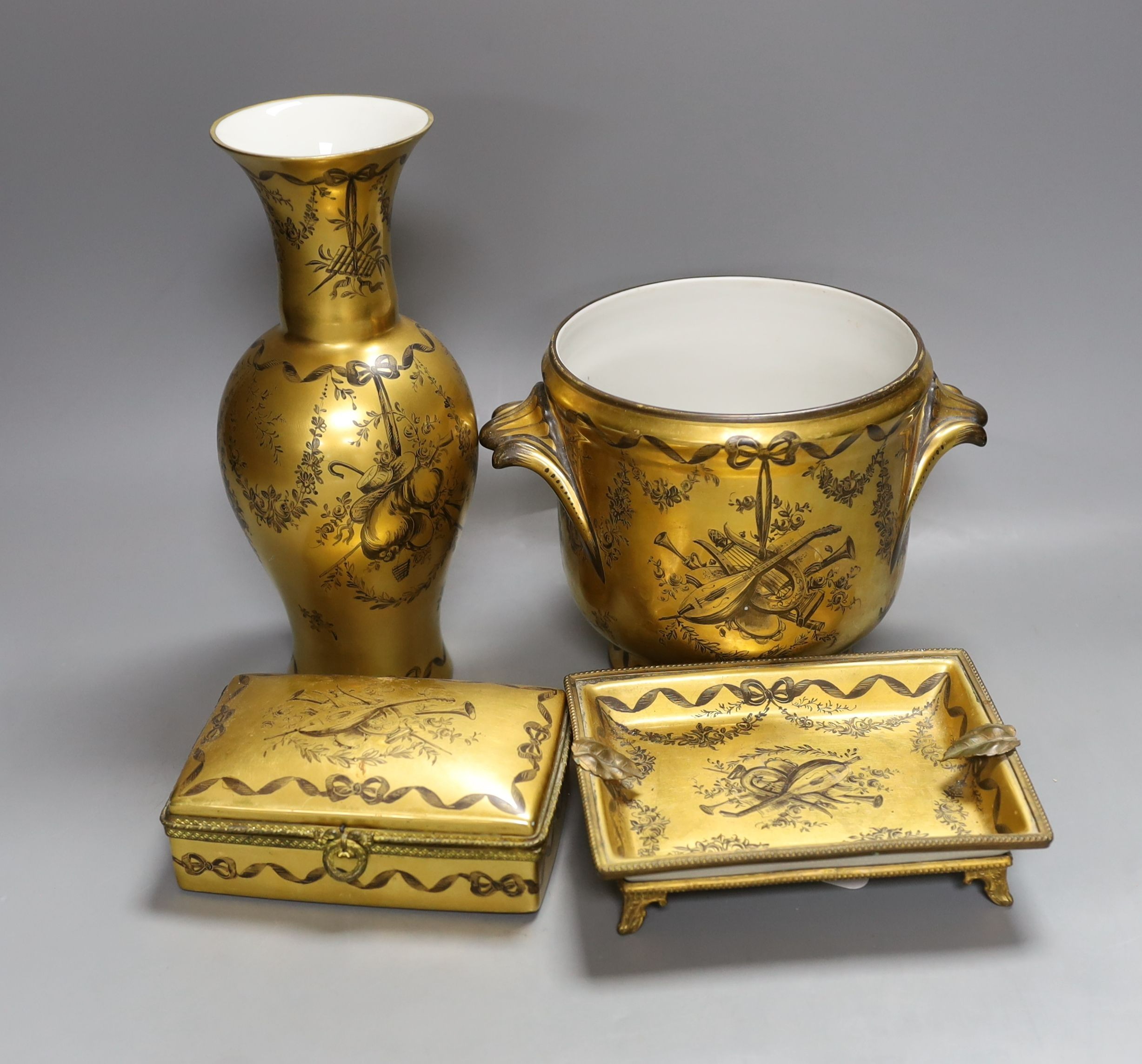 A French gilt ground porcelain cache pot, together with a matching box, ashtray and a vase - tallest 24cm